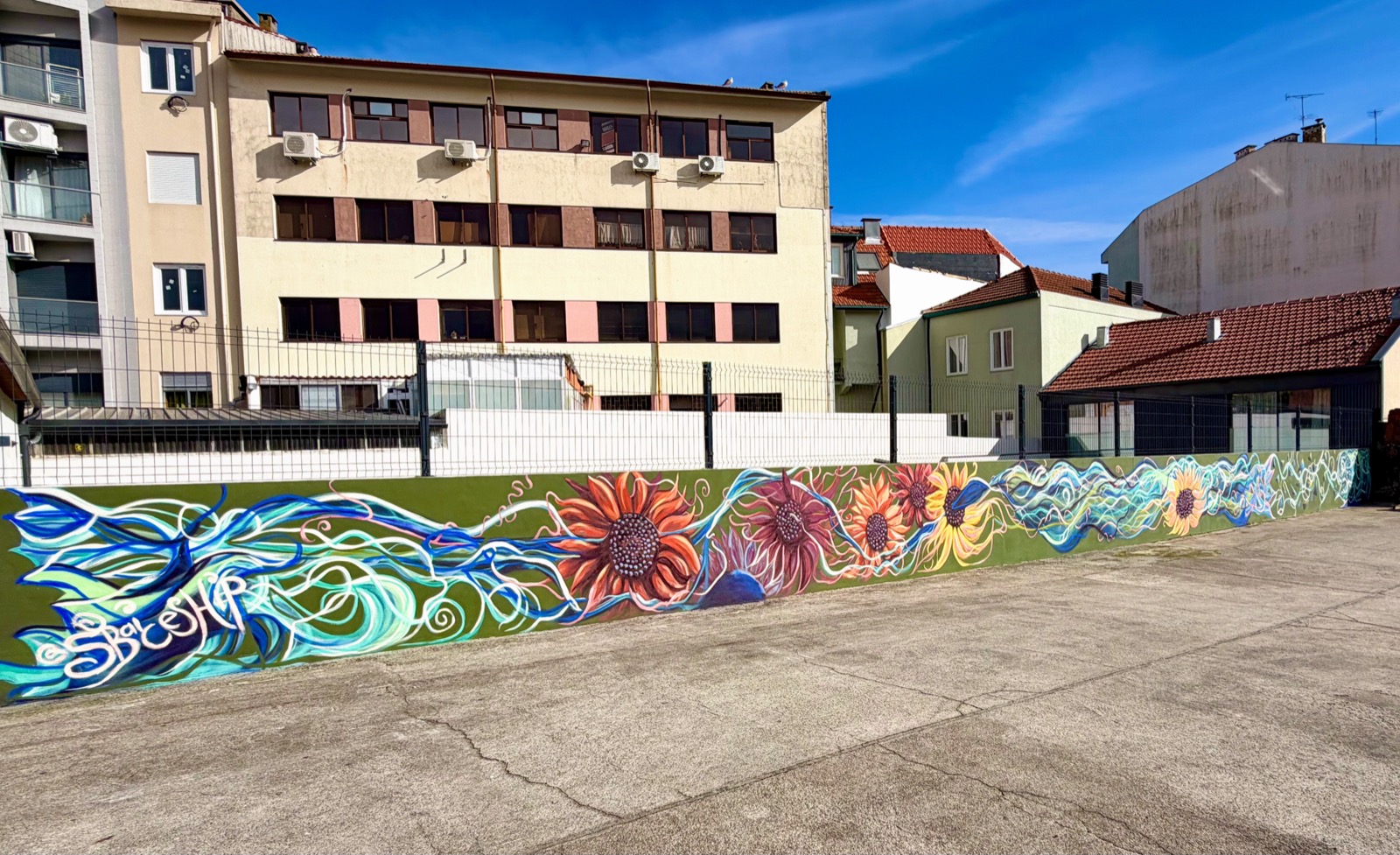 Exterior commissioned mural by Bailey Alysse Visual Artist and Muralist, Porto, Portugal — spray paint and brush on exterior wall