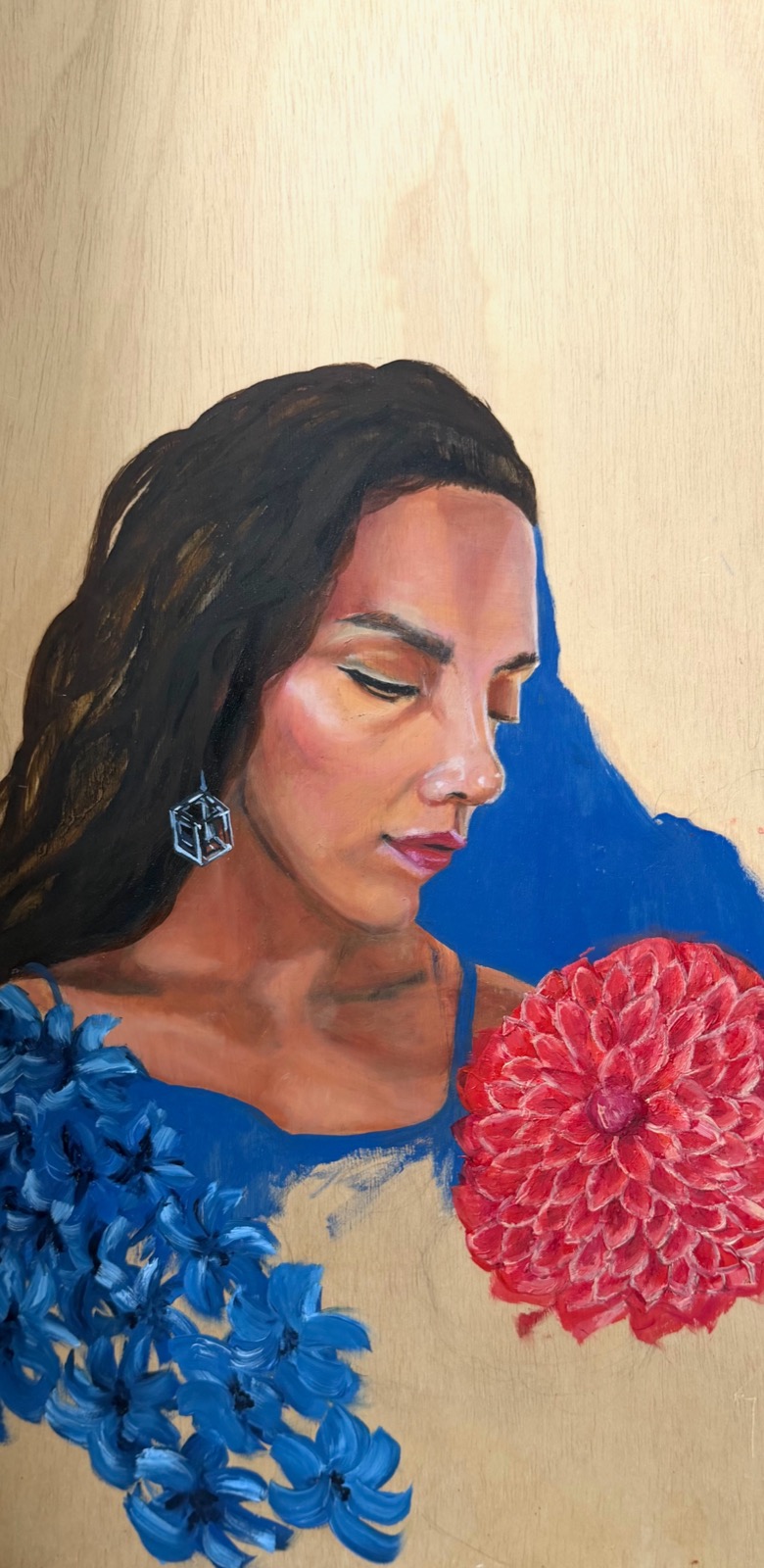 Self Portrait with Florals — oil on wood panel by Bailey Alysse Visual Artist and Muralist, work in progress